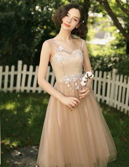 Picture of Lovely Champagne Tea Length Tulle with Lace Bridesmaid Dresses, Cute Homecoming Dresses Prom Dresses